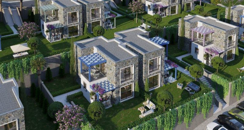 Bodrum Peksimette Projeden Satılık Doğa Manzaralı Bahçeli 3+1 ikiz Dubleksler