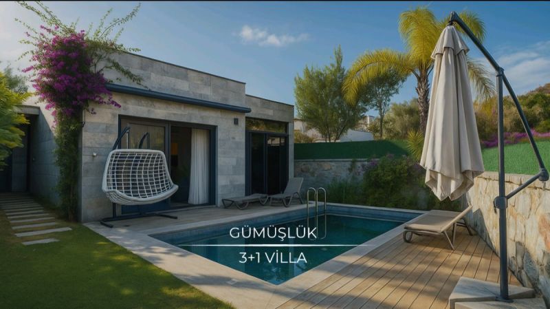 Bodrum Gümüşlük Merkezde Satılık özel Havuzlu Tek Katlı Bahçeli Merkezi 3+1 villa